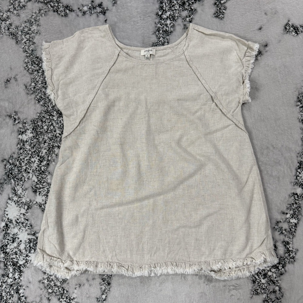 Umgee USA Linen Blend Top Womens Small Natural Raw Hem Ruffle Short Sleeve Boho